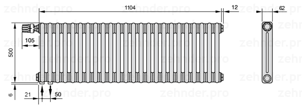 Схема (чертеж) Радиатор Zehnder Charleston 2050/24 №V001 Белый глянцевый RAL 9016